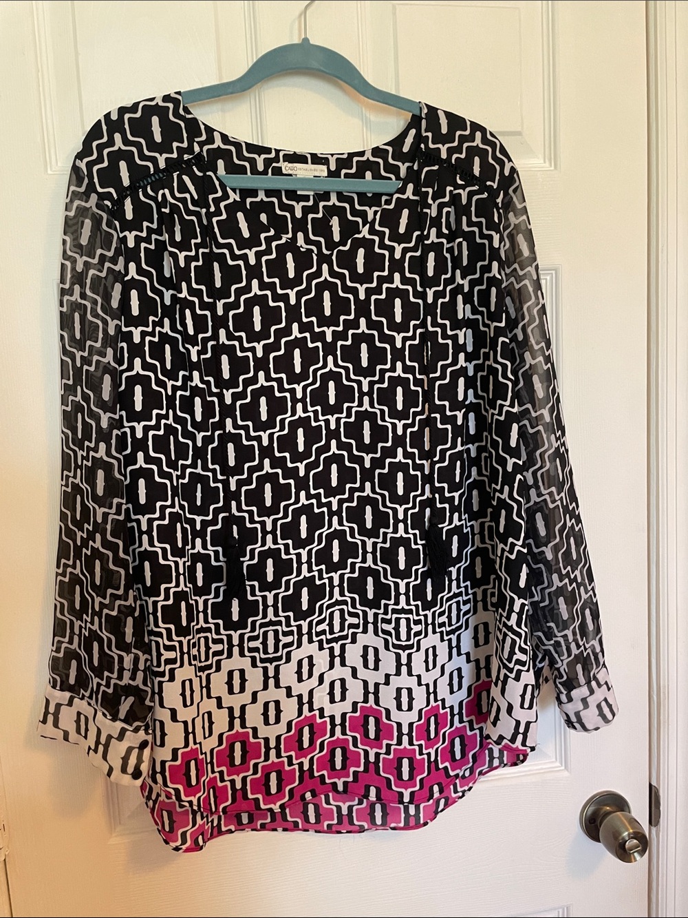 Cato Black & White Geometric Blouse with Pink Hem